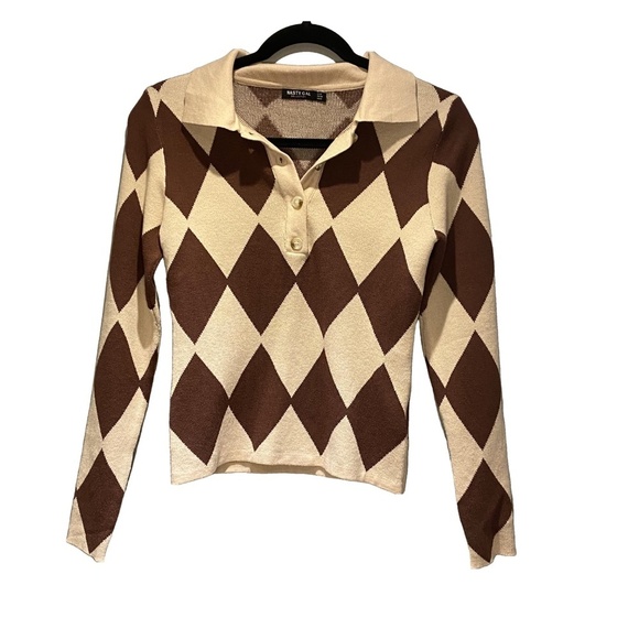 NWOT NASTY GAL Clueless Harlequin Print Fitted Polo Argyle Preppy Knit Sweater M - Picture 5 of 15